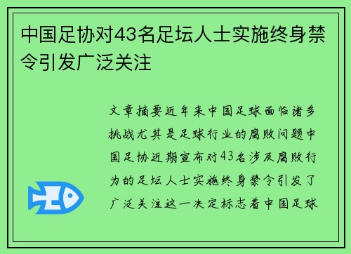 中国足协对43名足坛人士实施终身禁令引发广泛关注 中国足协对43名足坛人士实施终身禁令引发广泛关注